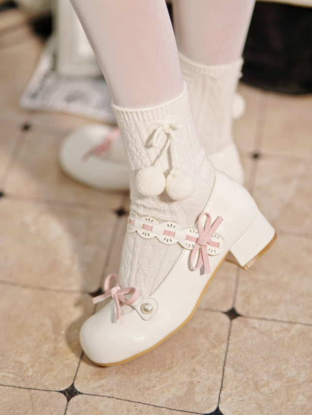 White Beaded Decorated Knotted Bow at Top Round Toe Lolita Shoes