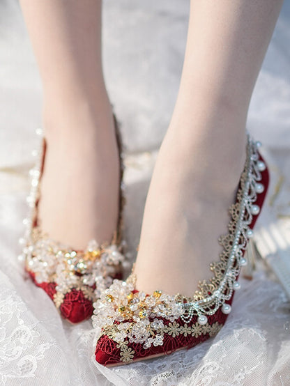 Red Beaded Floral and Charm 7CM Cheongsam Style Hime Lolita High Block Heels