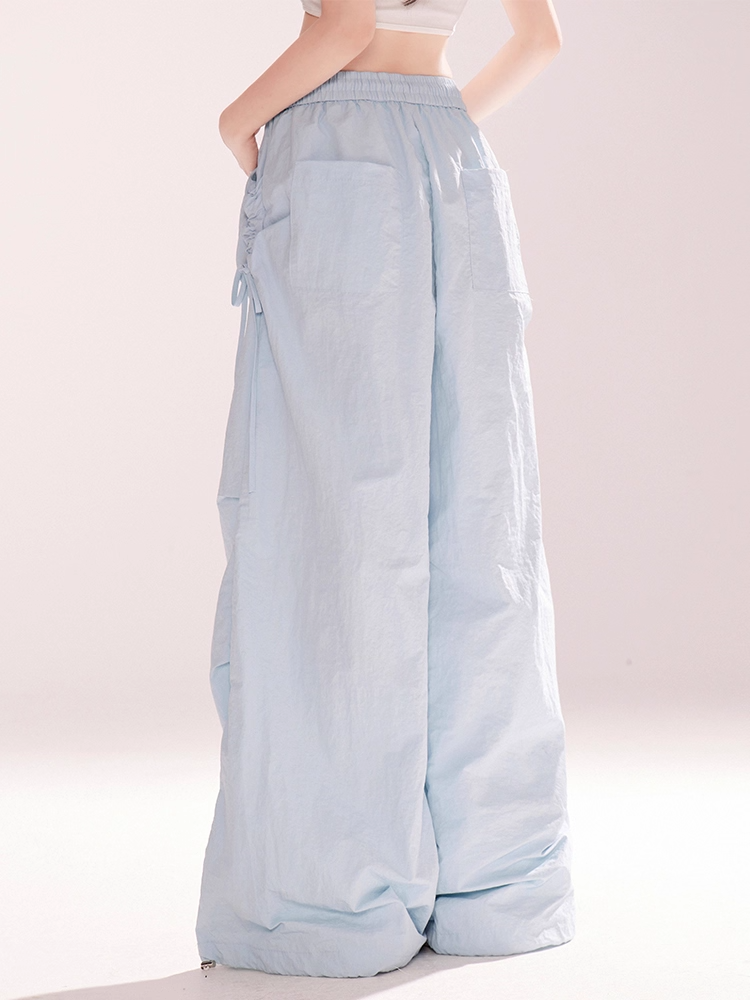Blue Elastic Waist Letter Embroidery Wide-leg Casual Pants