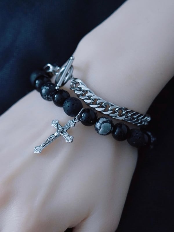 Silver&Black Gothic Cross Charm Beaded Bracelet