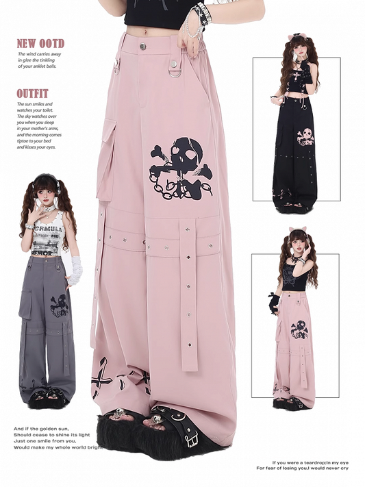 Black/Grey/Pink Skeleton and Cross Print Cargo Pockets Wide-Leg Pants