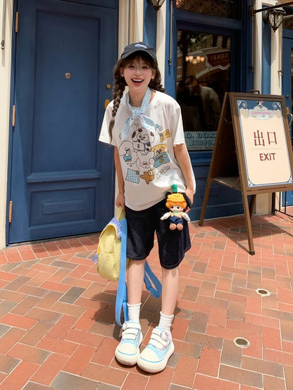 Adorable Animal Print White Round Neck Loose Cotton T-shirt