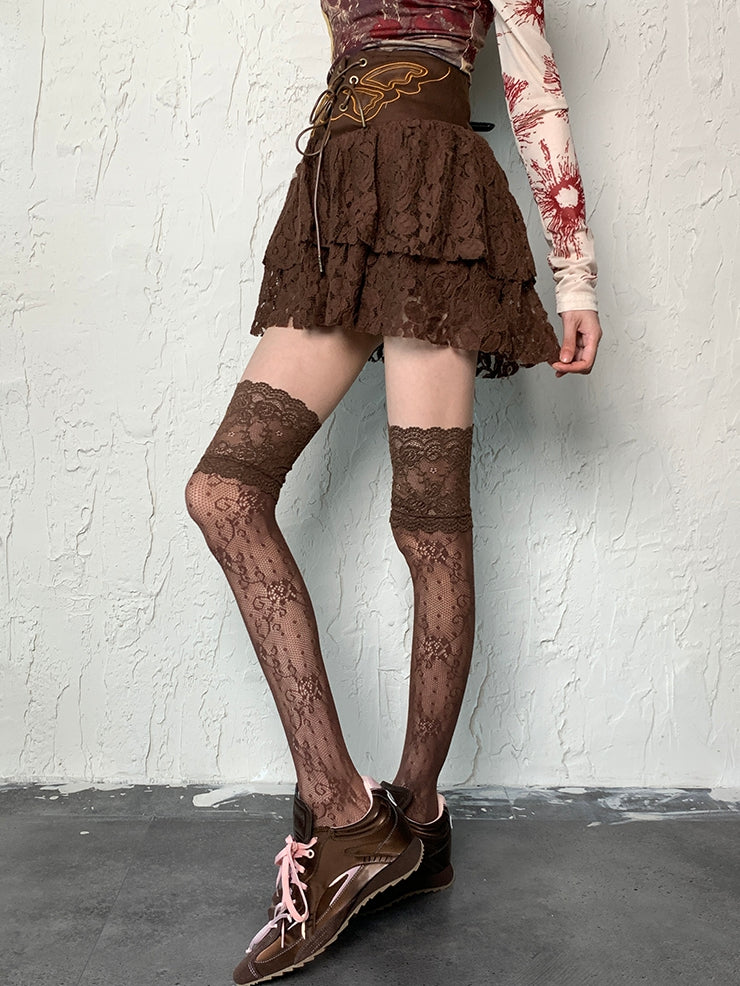 Brown Wasteland Punk Lace Trim Overknee Stockings