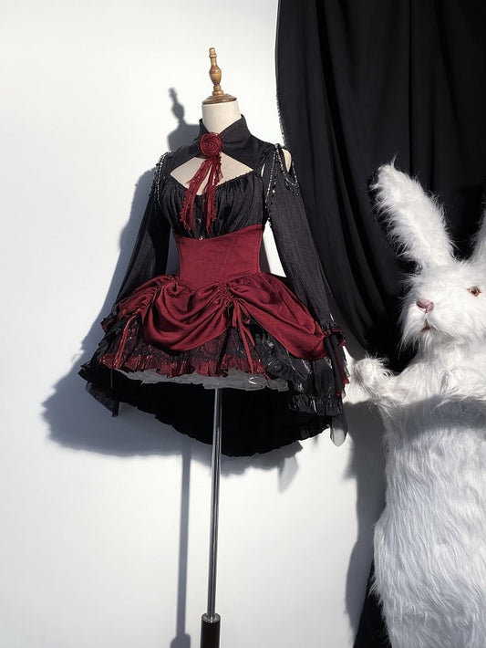 Clearance-Size S for Waist 66CM Boned High Waist Red and Black Gothic Lolita Drawstring High-low Skirt