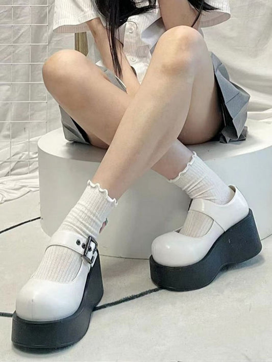 Buckle Embellishments & Platform Sole White Mary Janes