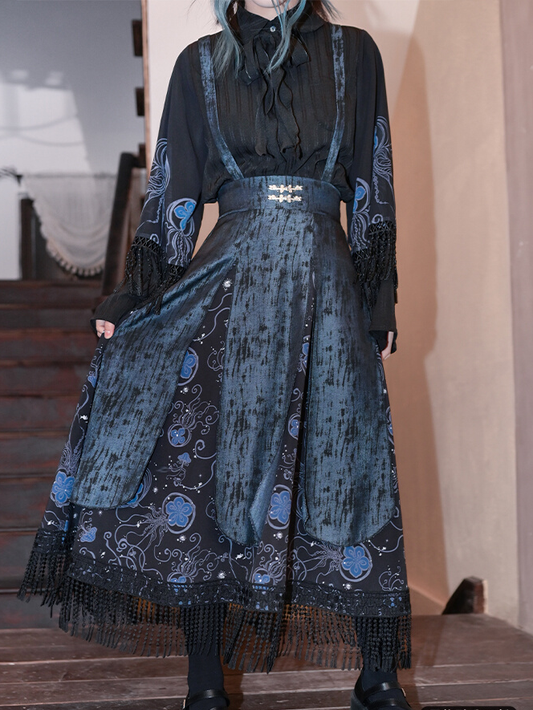 Blue Jellyfish Print Tassel Hem Black Cheongsam Style Skirt Overalls with Detachable Straps