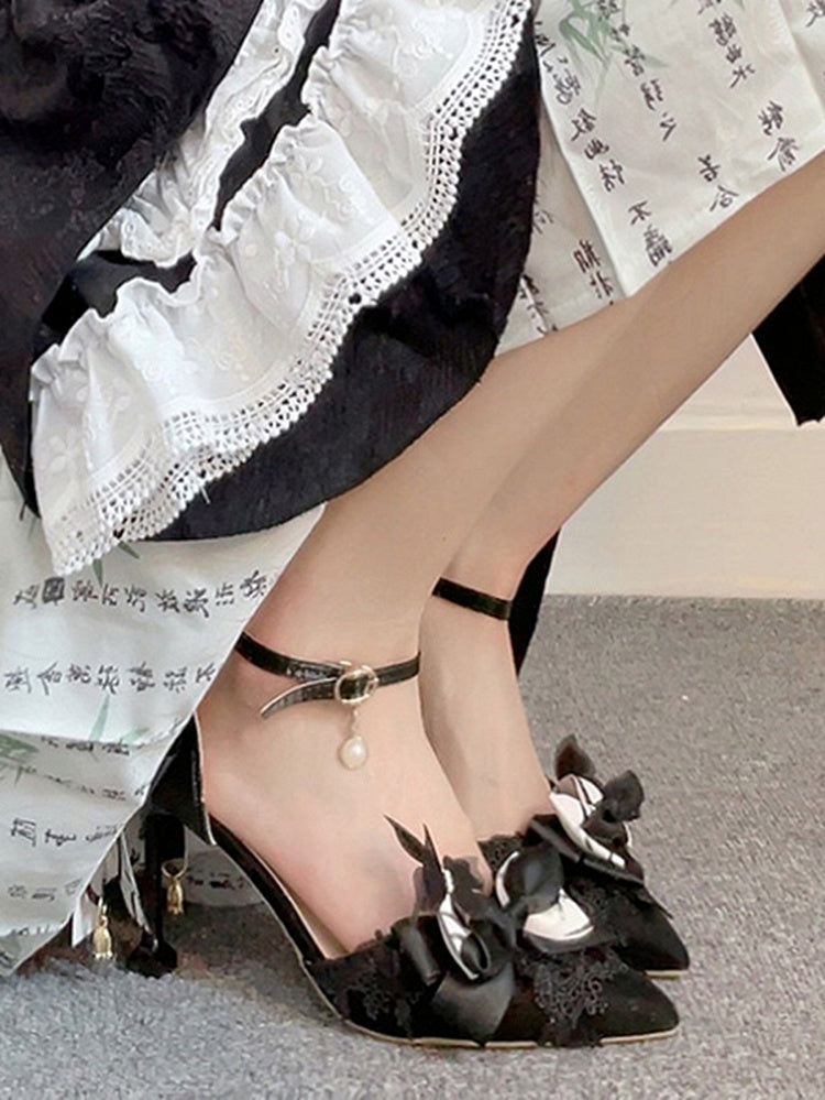 Black & White Ink Bamboo Leaf Print Bowknot 5CM/8CM Cheongsam Style Lolita Heels