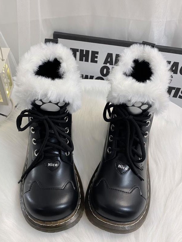 Black Cat Paw Heart Buckle Design Plush Lolita Winter Martin Boots