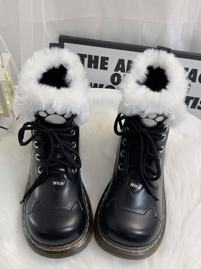 Black Cat Paw Heart Buckle Design Plush Lolita Winter Martin Boots
