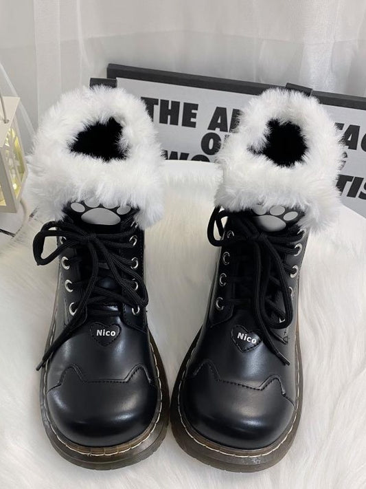 Black Cat Paw Heart Buckle Design Plush Lolita Winter Martin Boots