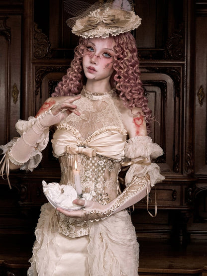 Rococo Illusion Lace Halter Neck Corset Top with Detachable Cascading Ruffle Accents