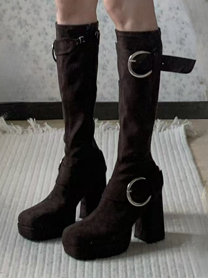 Buckle Details & Inner Zip Closure Square Toe Brown Knee-High Boots with Platform High Block Heel