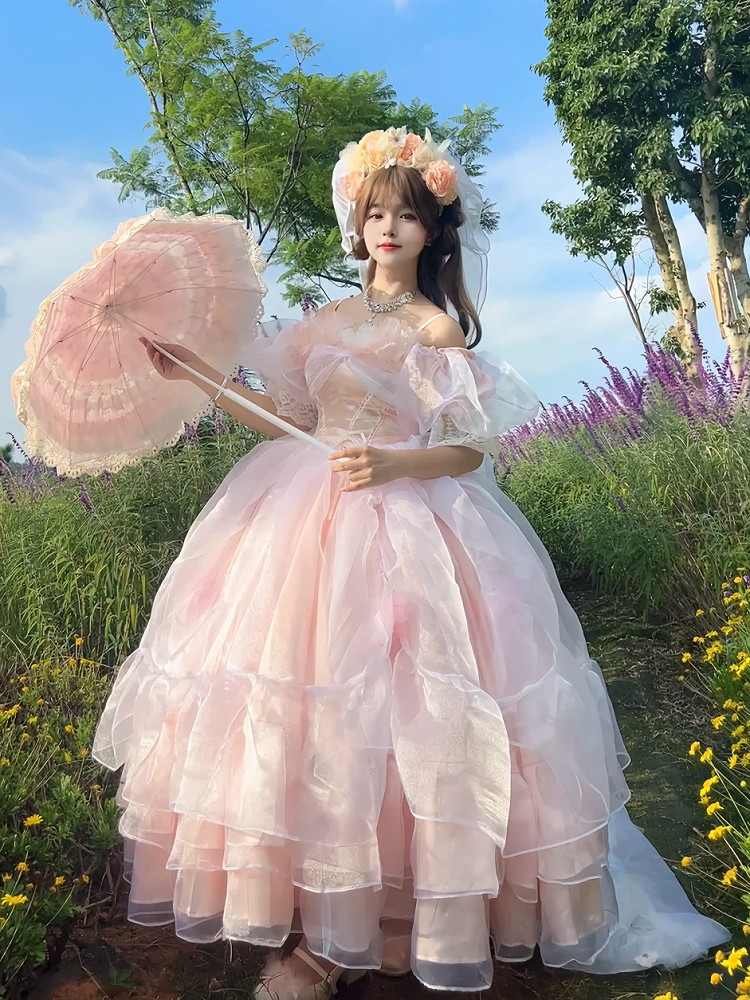 Plus Sizes Available Pink Lace-up Basque Waist Gorgeous Hanayome Hime Dress