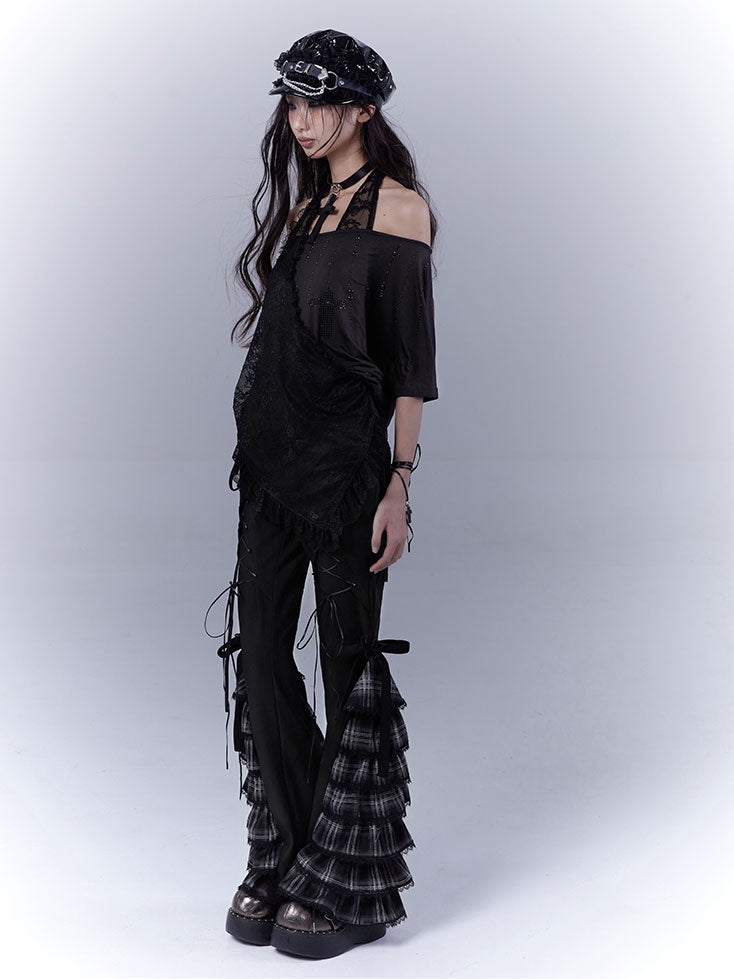 Black Lace-up Front Tiered Plaid Cuffs Slim-fitting Pants