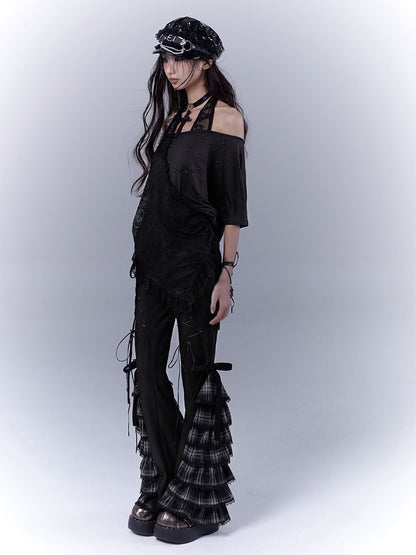 Black Lace-up Front Tiered Plaid Cuffs Slim-fitting Pants