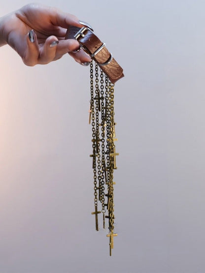 Black/Silver/Brown Cyberpunk Cross Charm Tassel Design Arm Cuff