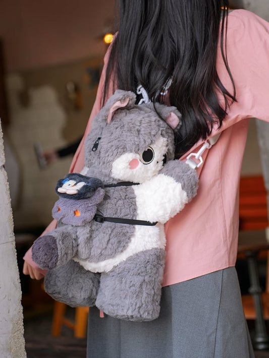 Gray Cute Plush Kitty Backpack/Crossbody Bag + Plush Backpack Keychain