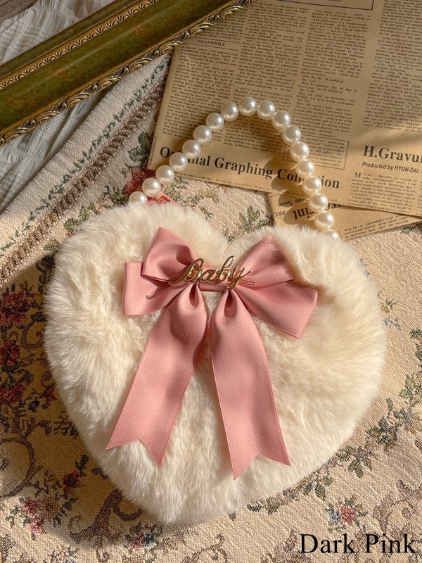 Lolita Plush Heart-Shaped Hand Bag with Bowknot and Bead Handle – 11 Color Options