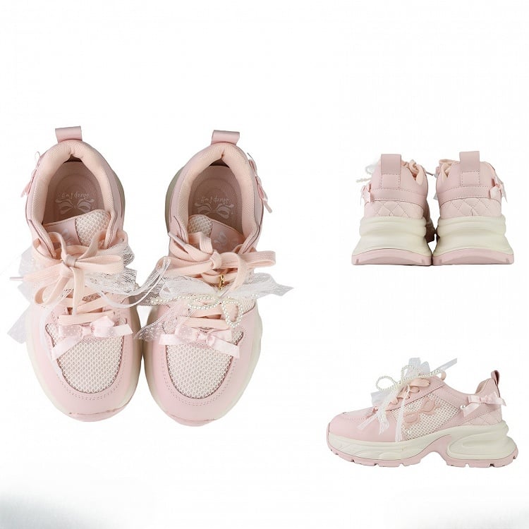 Pink Beaded Decorated Bowknot Details Front Lace-up Ties Sneakers