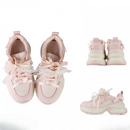 Pink Beaded Decorated Bowknot Details Front Lace-up Ties Sneakers