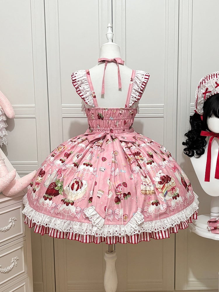 Bows and Strawberry Dessert Print Pink Sweet Lolita Jumper Skirt