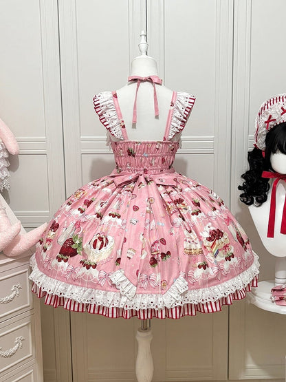 Bows and Strawberry Dessert Print Pink Sweet Lolita Jumper Skirt