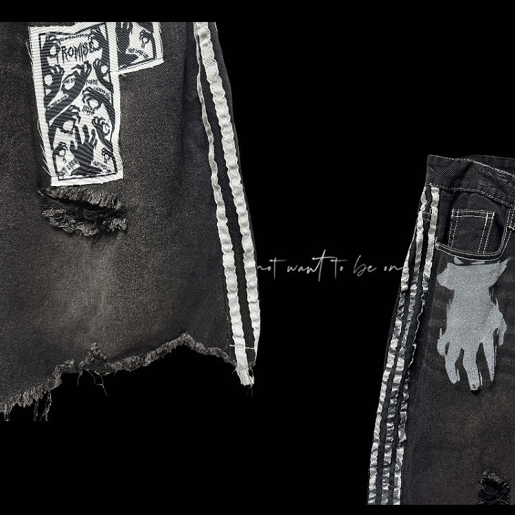 Black & White Stripes Distressed Holes Raw Hem Appliques Embellished Denim Shorts