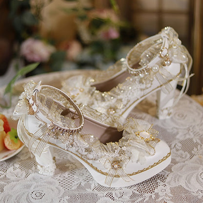 White & Gold Floral Design Crystal Embellished Hime Lolita High Block Heels