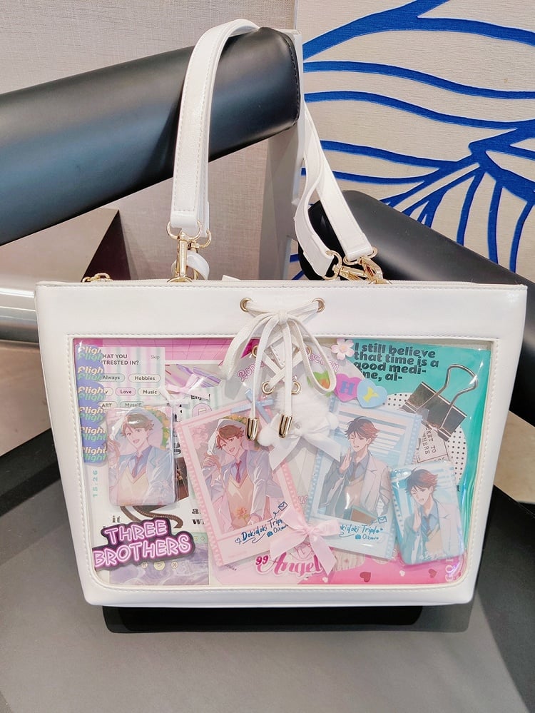 White Bow Accents Lace-up Detail Ita Shoulder Bag with Free Charm