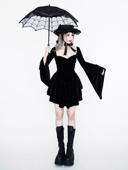 Gothic Black Velvet Bell Sleeves  Tiered Skirt Witch Dress