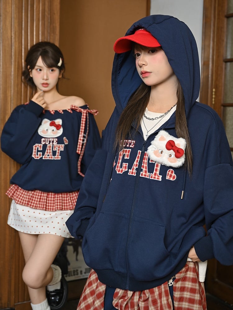 Red Plaid Self-tie Straps at Asymmetrical Neckline Kitty Embroidery Applique Navy Blue Sweatshirt