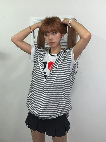 Black & White Striped Bunny Ear Hoodie with Detachable Sleeves