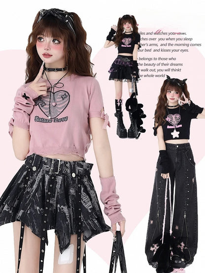 Tie Dye Black and Gray Handkerchief Hem Skirt