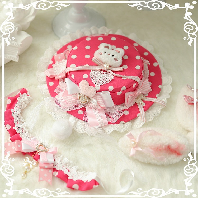 5 Color Options Polka-dot Pattern Beaded Decorated Bowknot Details Plush Bunny Ear Flat Hat