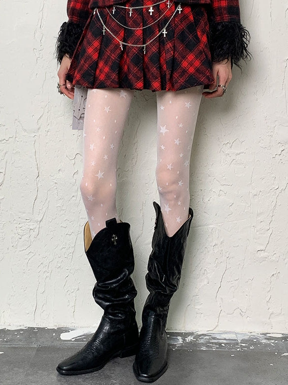 White Y2K Star Print Tights