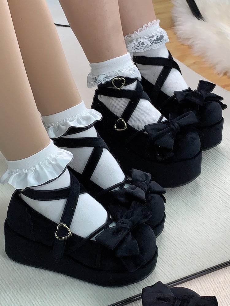 Bow Accents, Crisscross Details & Adorable Buckle Velvet Black Platform Shoes in Sweet Lolita