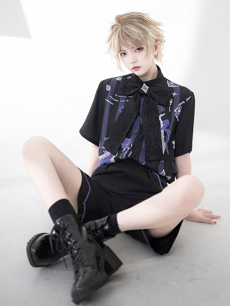 Ouji Fashion Poker and Rose Print Summer Magician Shirt with Bowtie