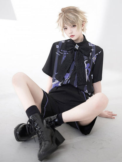 Ouji Fashion Poker and Rose Print Summer Magician Shirt with Bowtie