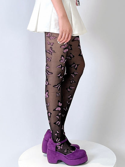 Black Y2K Butterfly Embroidered Tights
