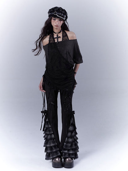Black Lace-up Front Tiered Plaid Cuffs Slim-fitting Pants