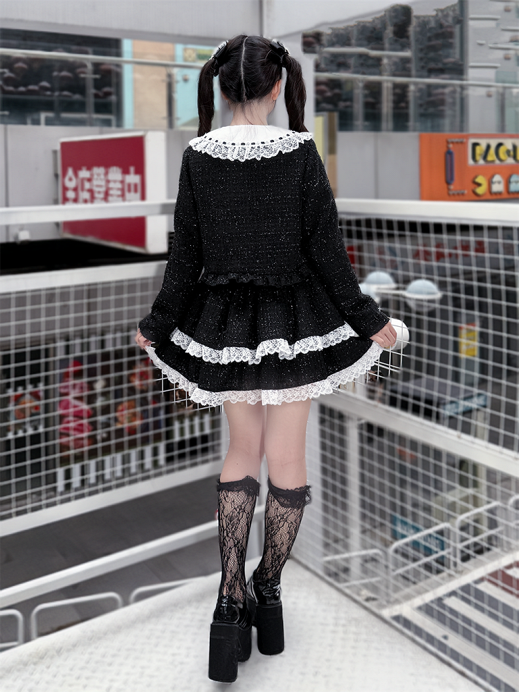 Jirai Kei Black Tweed Crop Jacket with Heart Buttons and Bow Accents