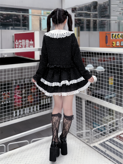 Jirai Kei Black Tweed Crop Jacket with Heart Buttons and Bow Accents