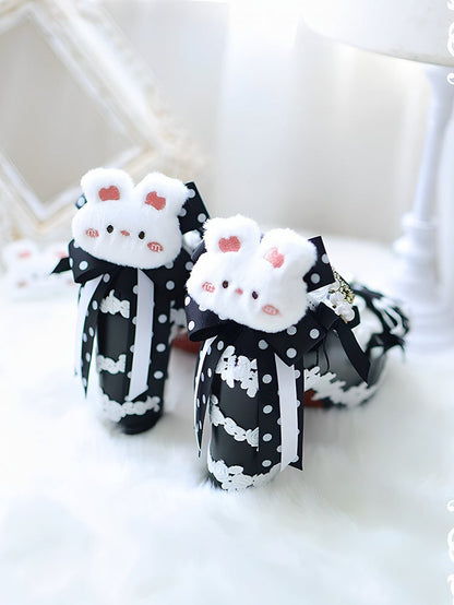 Black Sweet Lolita Bow at Top Plush Bunny Decorated 8CM Block Heels Lolita Shoes