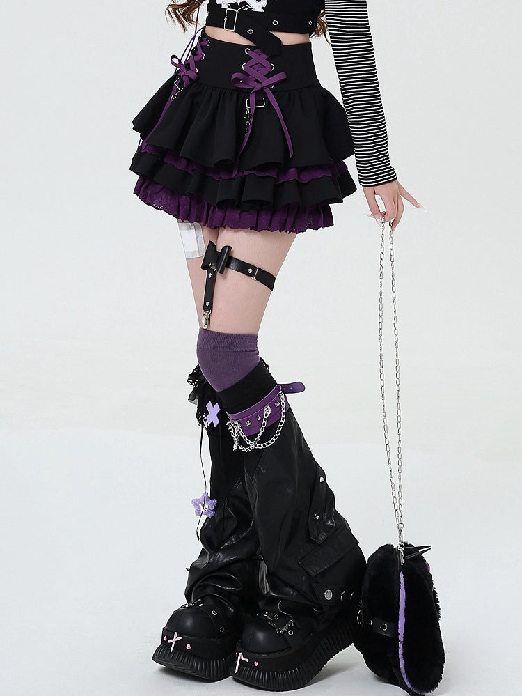 Lace-up Details at Waist Y2K Black and Purple Tiered Skirt