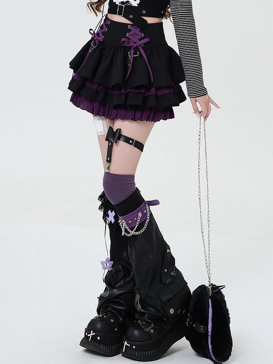 Lace-up Details at Waist Y2K Black and Purple Tiered Skirt