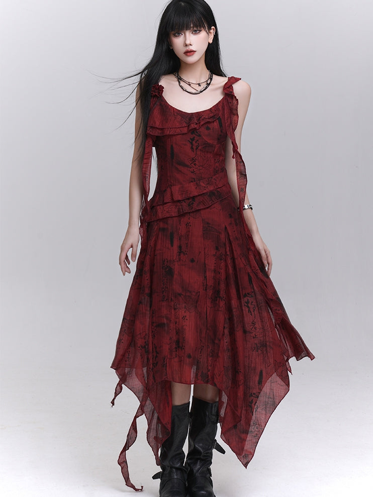 Red Cascading Ruffles Handkerchief Hem Sleeveless Dress