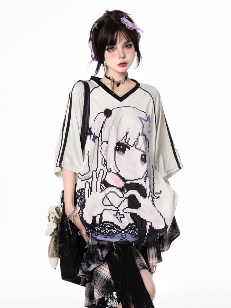 Vintage Cartoon Girl Print Black/Blue/Purple V-neck Loose T-shirt