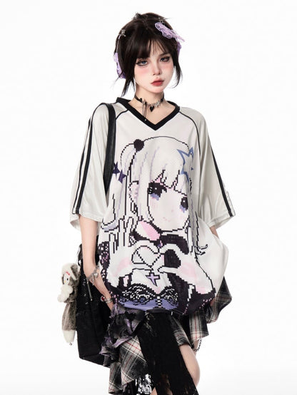 Vintage Cartoon Girl Print Black/Blue/Purple V-neck Loose T-shirt