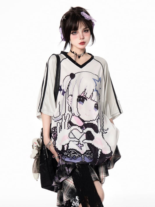 Vintage Cartoon Girl Print Black/Blue/Purple V-neck Loose T-shirt