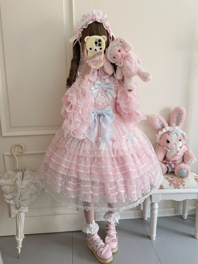 Pink Flower Applique Heart Bodice Overlay Hem Princess Lolita Jumper Skirt